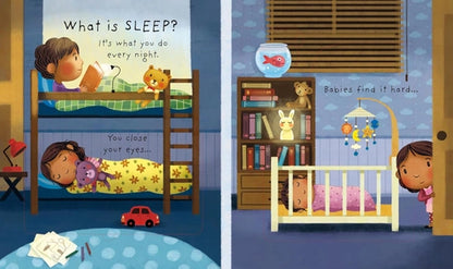 Illustrations of a child's bedroom with furniture and toys, featuring text about sleep.