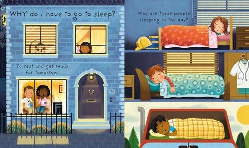 Illustrated book pages with children's questions and answers about sleep.