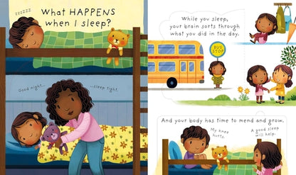 Children's book pages with illustrations of a child sleeping, a school bus, and children playing outside.