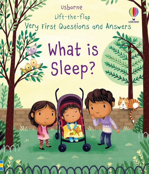 Book cover of 'What is Sleep?' by Usborne with children and a cat in a garden setting.