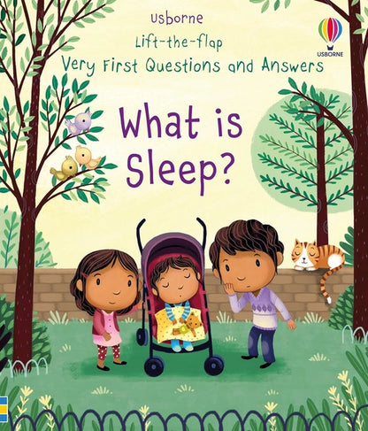Book cover of 'What is Sleep?' by Usborne with children and a cat in a garden setting.