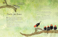 Illustration of birds on a branch with text on a green patterned background