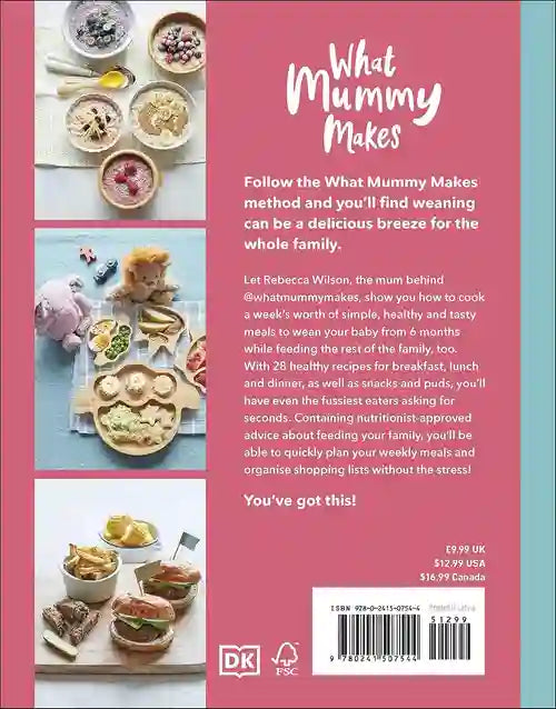 Back cover of a book titled 'What Mummy Makes' with images of food and text.