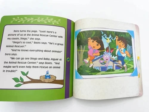 Open children's book with Dora the Explorer illustrations on a white background