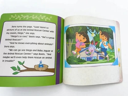 Open children's book with Dora the Explorer illustrations on a white background
