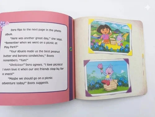 Open book with Dora the Explorer illustrations and text on a white background