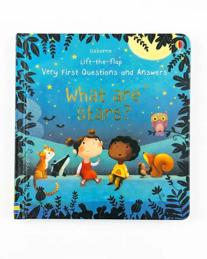 Usborne 'Lift-the-flap' children's board book 'What are stars?' featuring a colorful cover illustration of children, animals, and a night sky with stars.