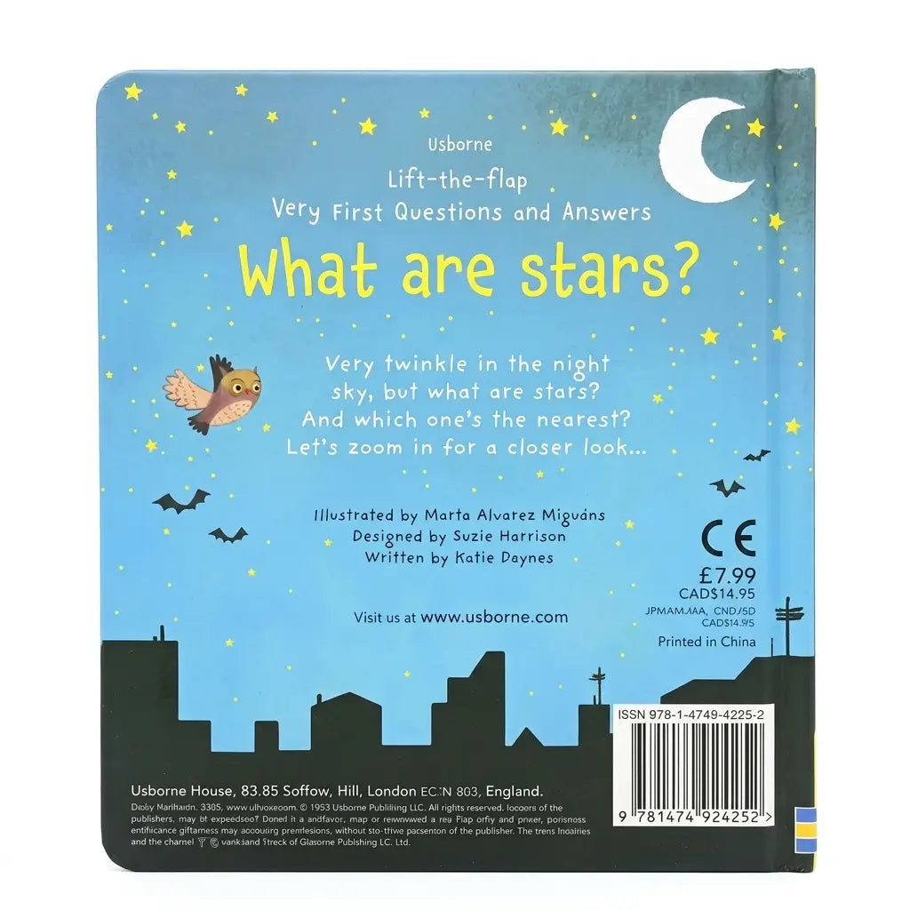 Back cover of a children's board book titled 'What are stars?' by Usborne, featuring a blue night sky with stars, a crescent moon, an owl, bats, and a black city skyline at the bottom.