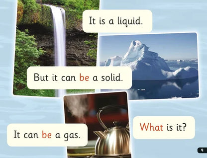 Educational image with text and images of a waterfall, iceberg, and boiling kettle.