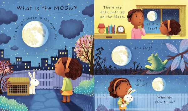 Children's book illustration about the moon with a girl, rabbit, and frog looking at the moon.