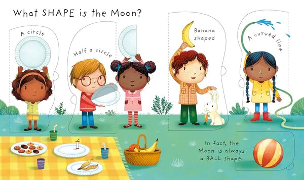 Children's book page about the shape of the moon with illustrations and text.