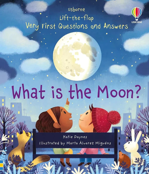 Book cover of 'What is the Moon?' with two children looking at a moonlit sky.