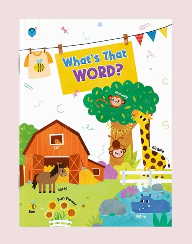 Children's educational book cover titled 'What's That WORD?' featuring colorful farm and animal illustrations including a barn, horse, monkey, giraffe, bee, sunflower, and hippo on a white background with playful lettering.
