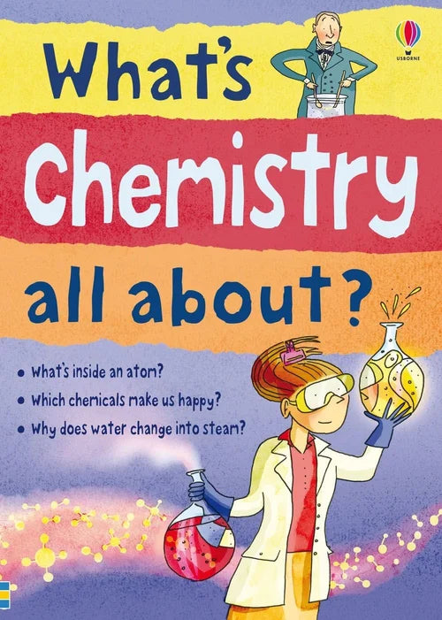 Book cover of 'What's Chemistry all about?' with illustrations of a scientist and a chemist.