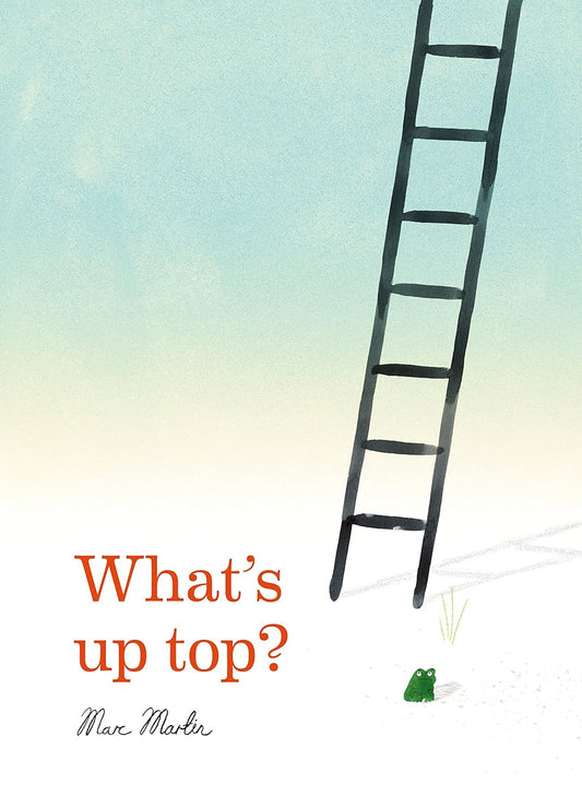 Ladder reaching into the sky with a frog at its base, on a gradient background.