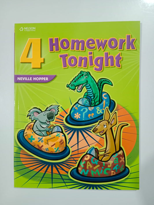 Cover of the 'Nelson 4 Homework Tonight' book featuring colorful graphics of animals and educational icons.