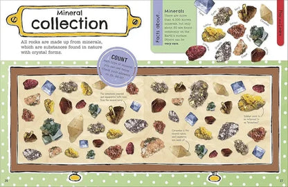Mineral collection display with various minerals on a beige mat, educational text above.