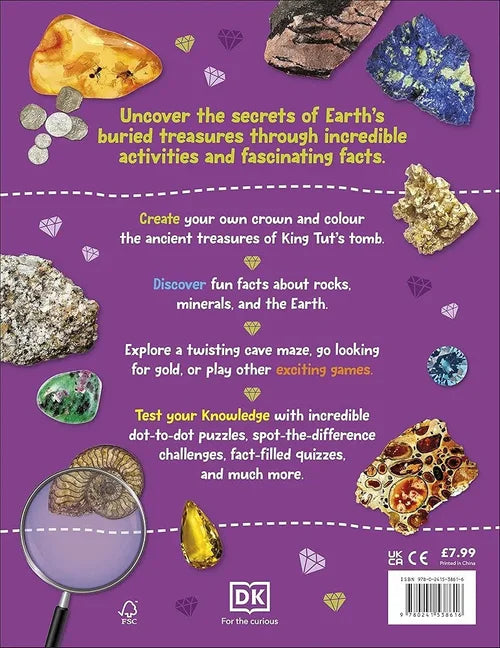 Bookback with educational content about Earth's treasures, minerals, and activities on a purple background.