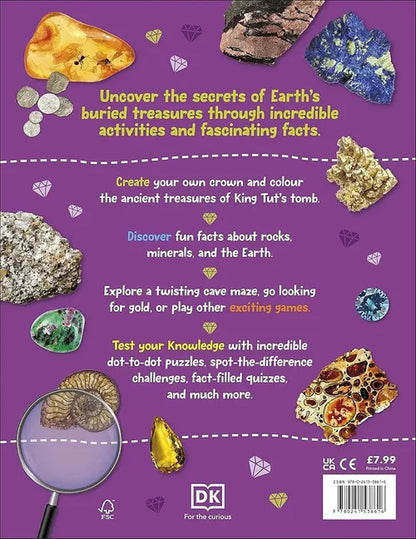 Bookback with educational content about Earth's treasures, minerals, and activities on a purple background.