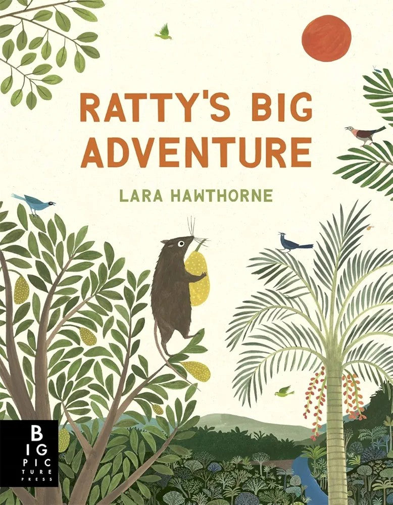 Cover of 'Ratty's Big Adventure' featuring illustrations of a small animal, possibly a rat, in a tropical forest setting with various plants and a bird.