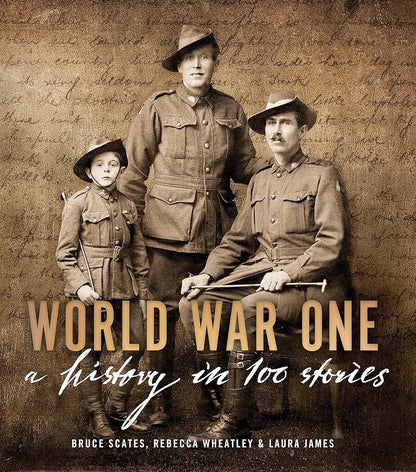 Book cover of 'World War One: A History in 100 Stories' with vintage military attire and text.