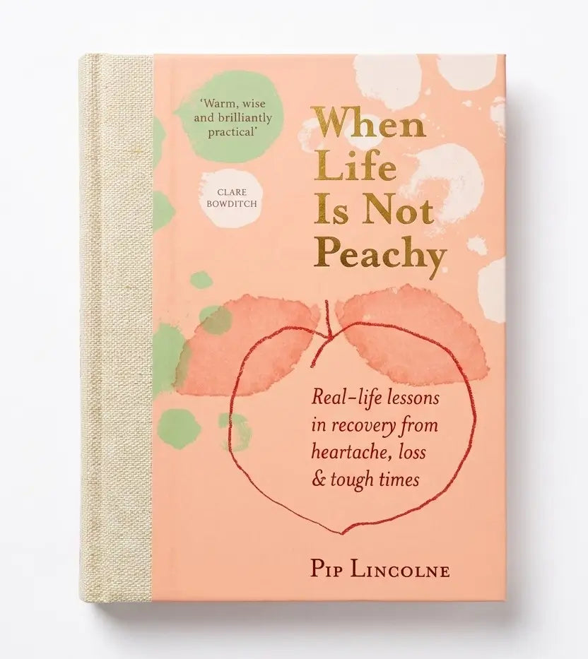 The book cover of 'When Life Is Not Peachy' by Pip Lincoln, featuring a peach-colored background with watercolor peach, green, and white shapes, and gold and dark red text.