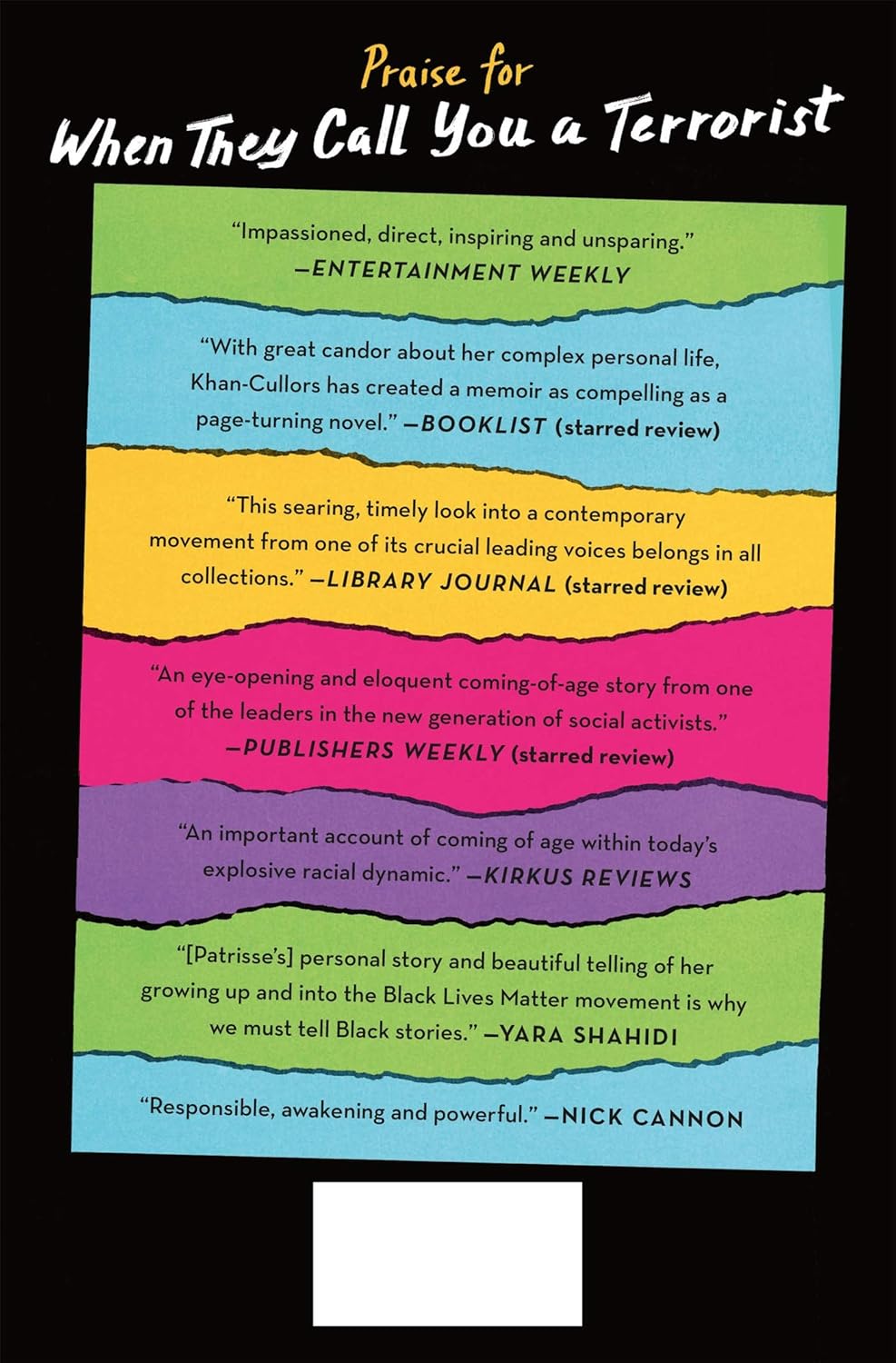 Book cover with colorful text sections and praise quotes on a black background