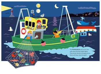 Illustration of a fishing boat at night with children on board, surrounded by sea creatures and a lighthouse.