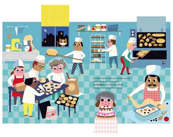 Illustration of a bakery scene with bakers and customers.