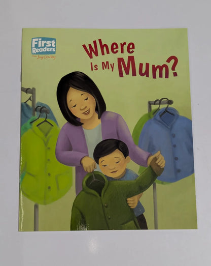 Book cover of 'Where Is My Mum?' with a woman and child in front of a wardrobe.