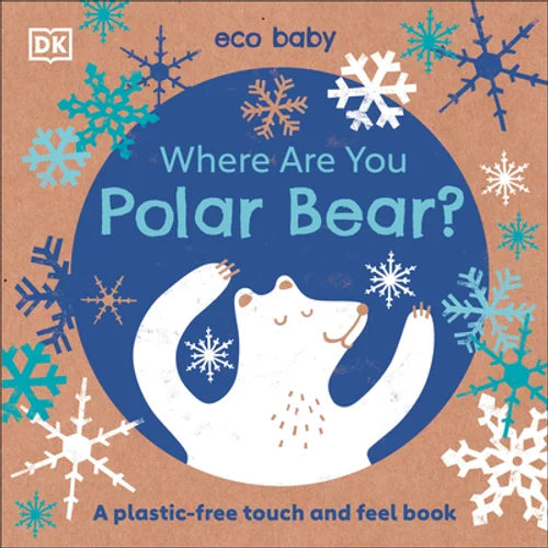 Book cover of 'Where Are You Polar Bear?' with a polar bear illustration and snowflakes on a brown background.