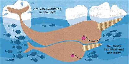 Cartoon illustration of a narwhal and her baby with text asking if they are swimming in the sea.