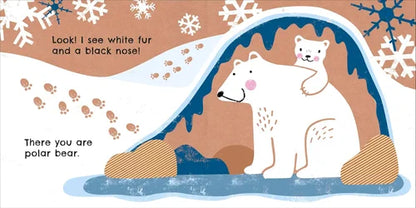 Illustration of a polar bear with white fur and a black nose, surrounded by snowflakes and footprints on a brown background.
