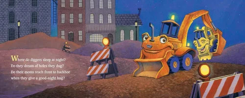 Illustration of a backhoe and a bulldozer with a nighttime cityscape background.