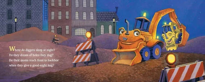 Illustration of a backhoe and a bulldozer with a nighttime cityscape background.