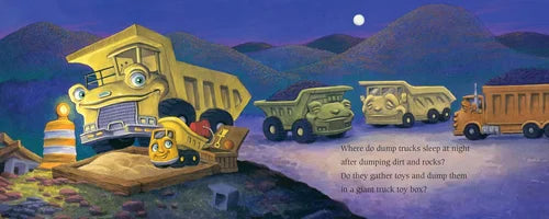 Illustration of dump trucks in a mountainous landscape with a moonlit sky.