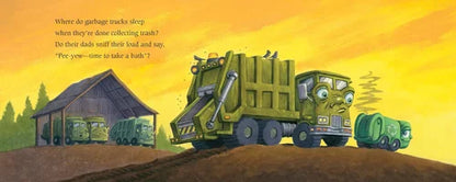 Illustration of a garbage truck and trash bins with text on an orange background