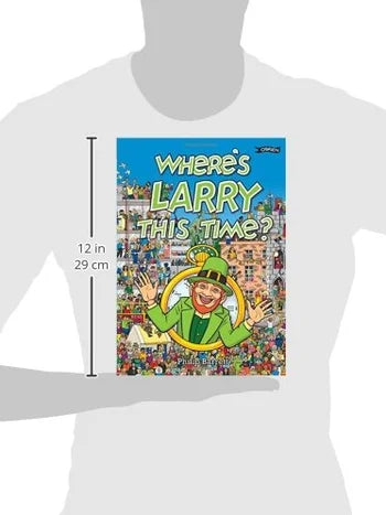 Book titled 'Where's Larry This Time?' held by a mannequin against a white background
