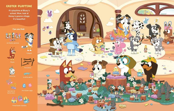Illustration of cartoon animals in a village setting with Easter-themed activities.