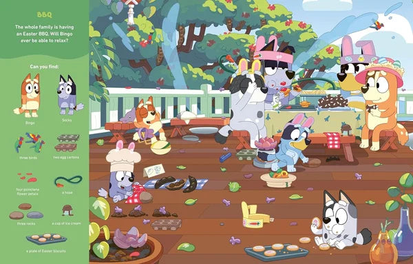 Cartoon animals at a barbecue with Easter eggs on a wooden deck.