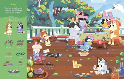Cartoon animals at a barbecue with Easter eggs on a wooden deck.