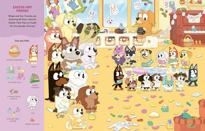 Illustration of cartoon dogs and cats in a room with Easter decorations