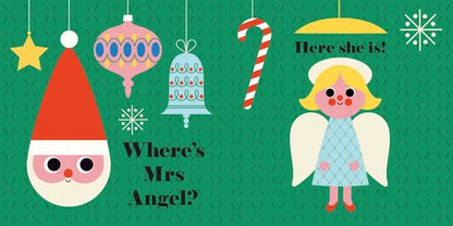 Christmas-themed illustration with Santa Claus, candy cane, star, bell, and angel on a green background.