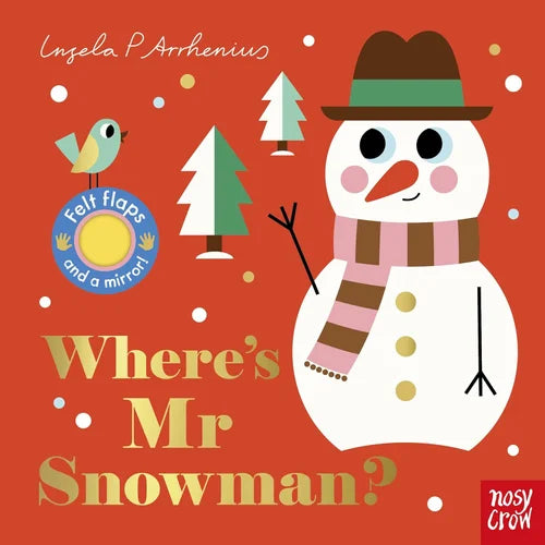 Book cover of 'Where's Mr Snowman?' with a snowman, trees, and a bird on an orange background.