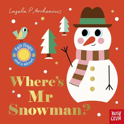 Book cover of 'Where's Mr Snowman?' with a snowman, trees, and a bird on an orange background.