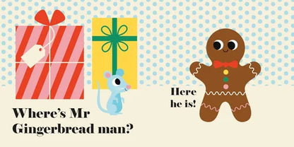 Illustration of a gingerbread man, two presents, and a mouse on a polka dot background.