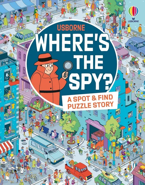 Book cover of 'Where's the Spy?' by Usborne with a colorful illustration of a city street and spy character.