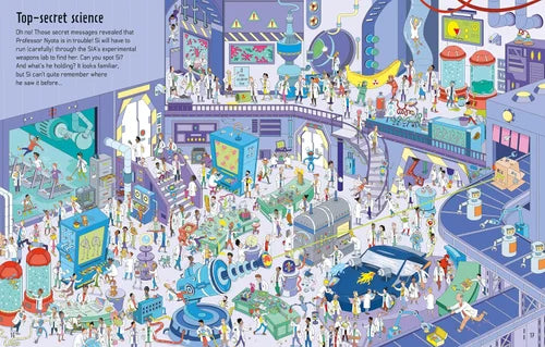 Illustration of a bustling science museum with various exhibits and visitors.