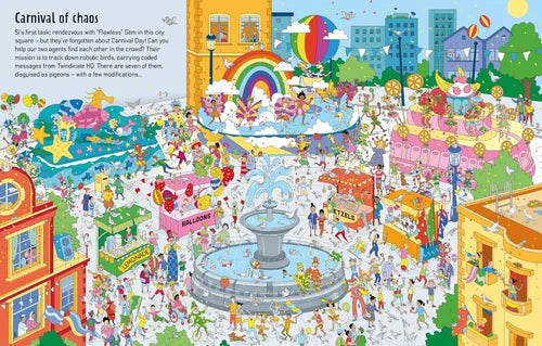 Colorful illustration of a busy city street with people, rainbow, and carnival elements.