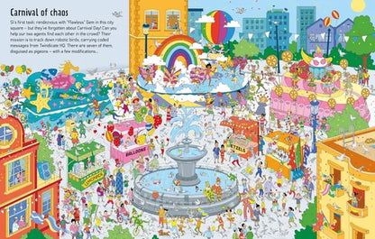 Colorful illustration of a busy city street with people, rainbow, and carnival elements.